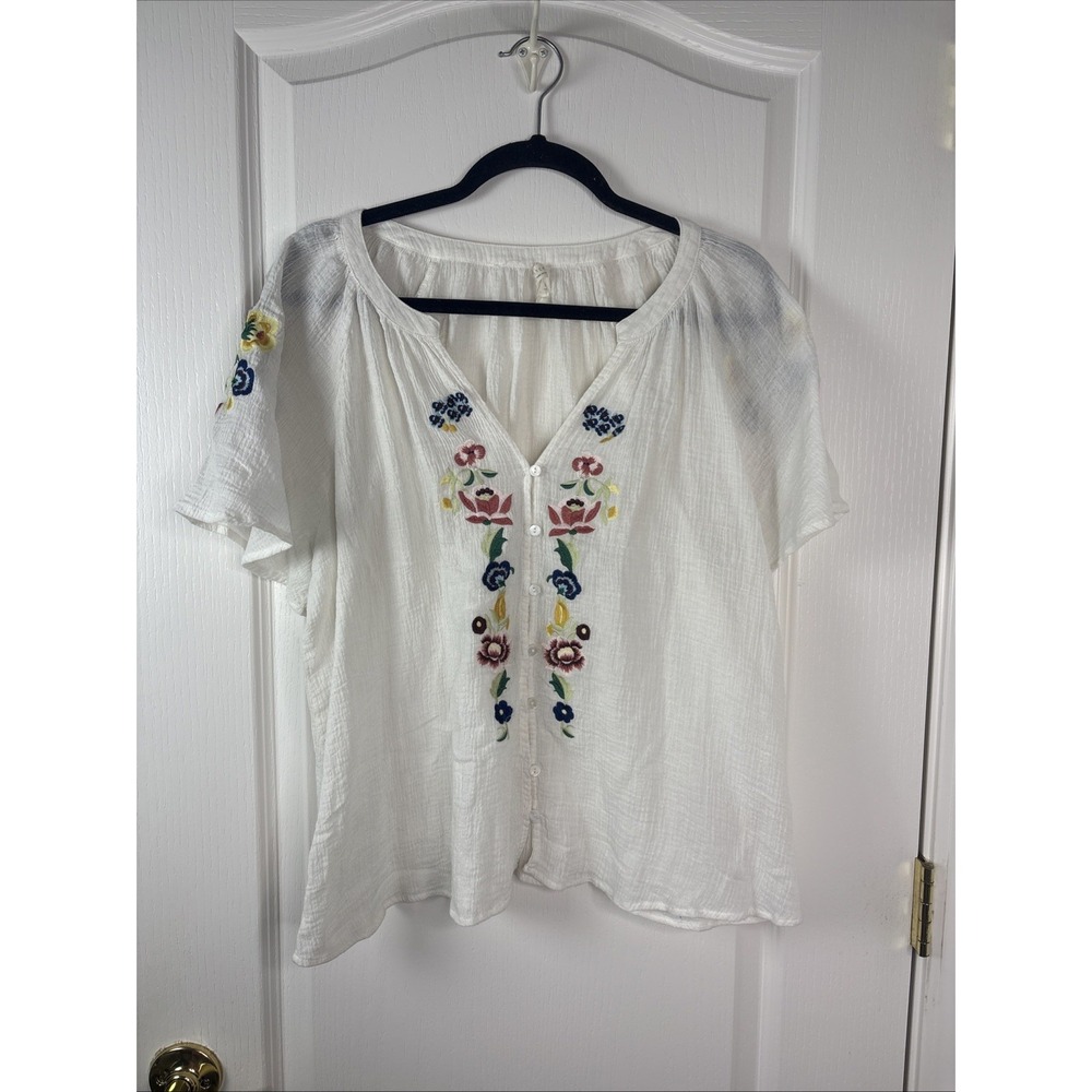Lovestitch Womens Embroidered Floral Gauze Blouse Large White Boho Button Front